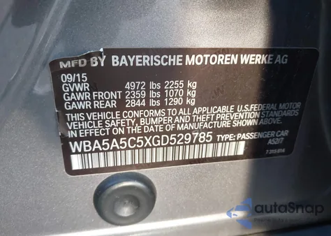 2016 BMW 528I из США, поврежденный, VIN WBA5A5C5XGD529785